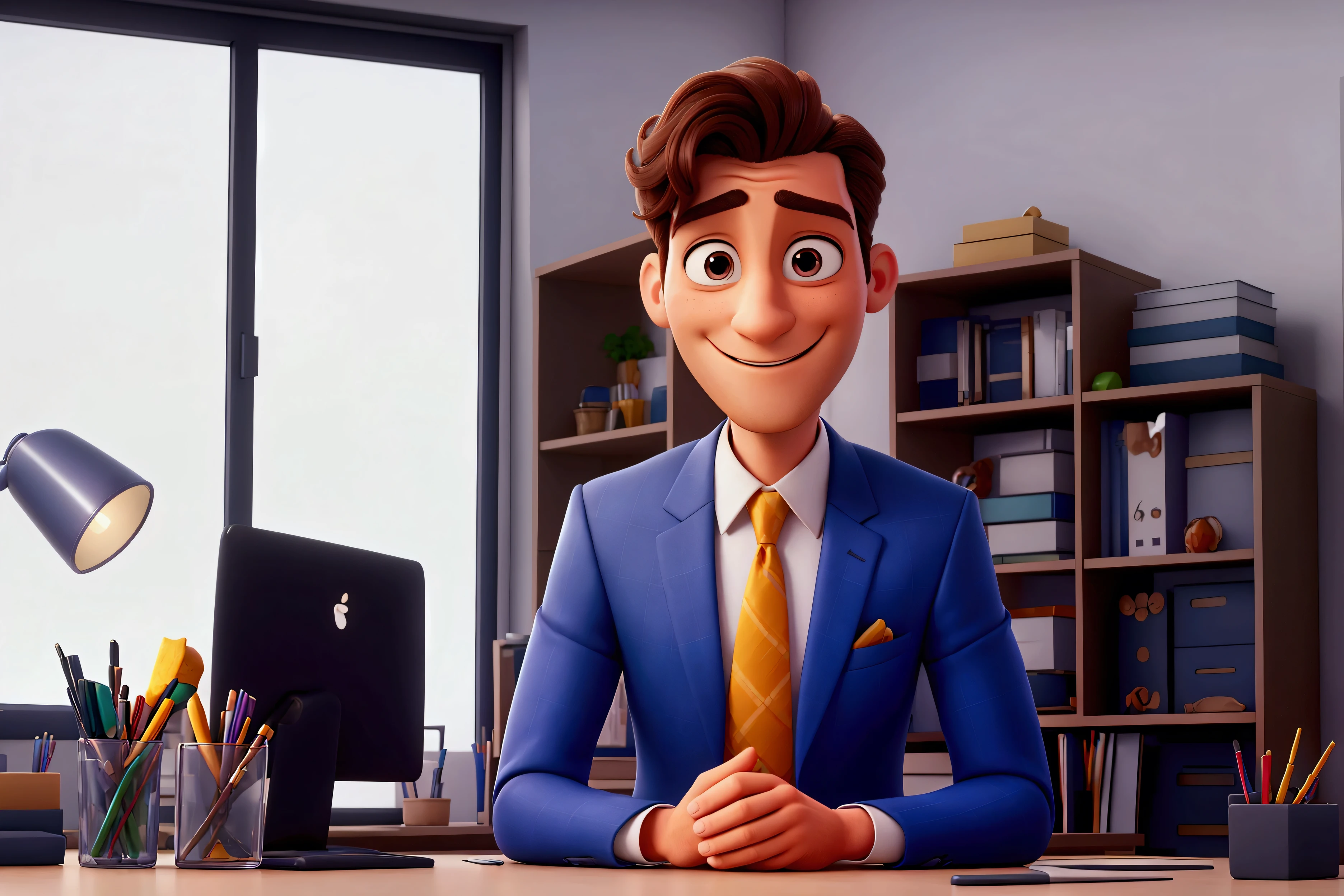 in 2024, a man with a hidden smile, a beautiful suit, and a beautiful face, is in a big office, taking a lunch break, extremely detaild, with vibrant colors, exceptional sharpness, Pixar-style