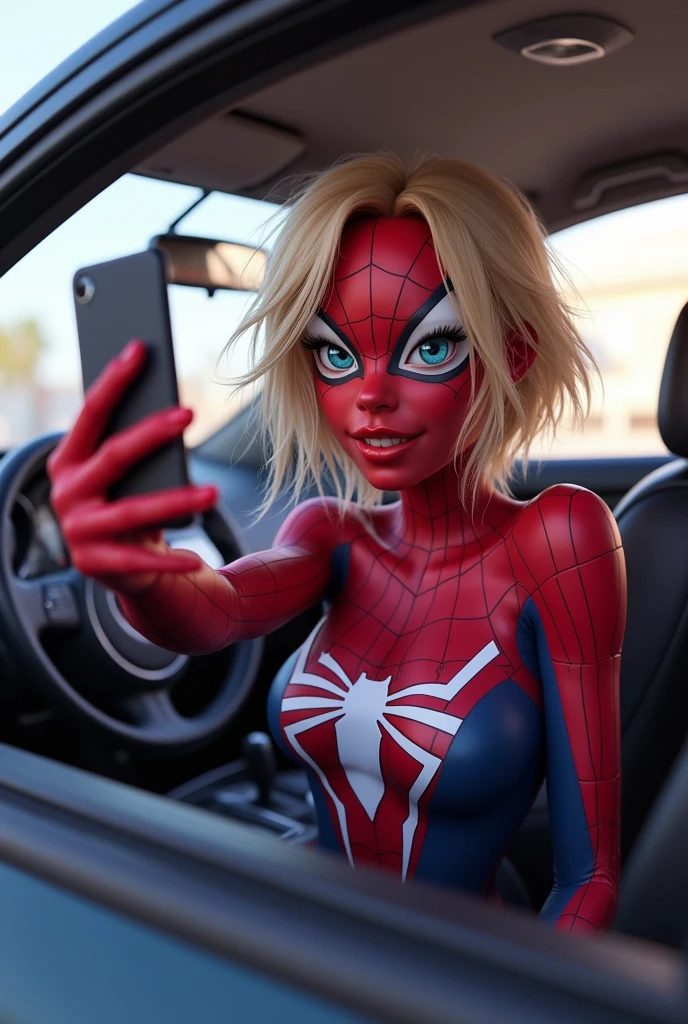 Spider Gwen taking a selfie in a car 