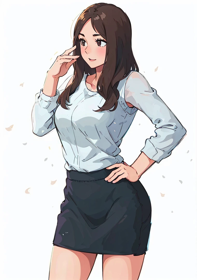 (best quality:0.8) perfect anime illustration, a pretty, happy woman with short straight brown hair on the street in the city, wearing tank top, mini skirt