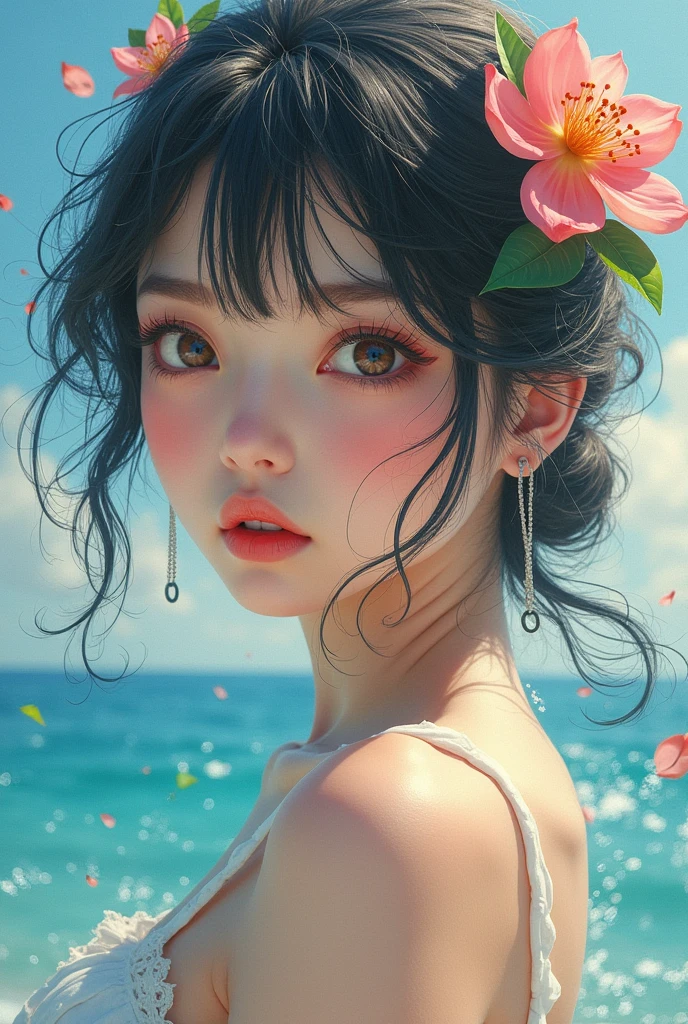 ((masterpiece)), ((Highest quality)), (Beautiful Japanese girl portrait), Eye for perfect detail, Face in perfect detail, Very elaborate nose, Open your mouth, Perfect muscle, Perfect Teeth, A well-defined body, Charm, Perfect Face, Dimples on cheeks, Depth of written boundary, High resolution, ((Realistic skin texture)), (Well-proportioned hands), Thin lips, Random color hair, Floating multicolored hair, Narrow waist, Sea background