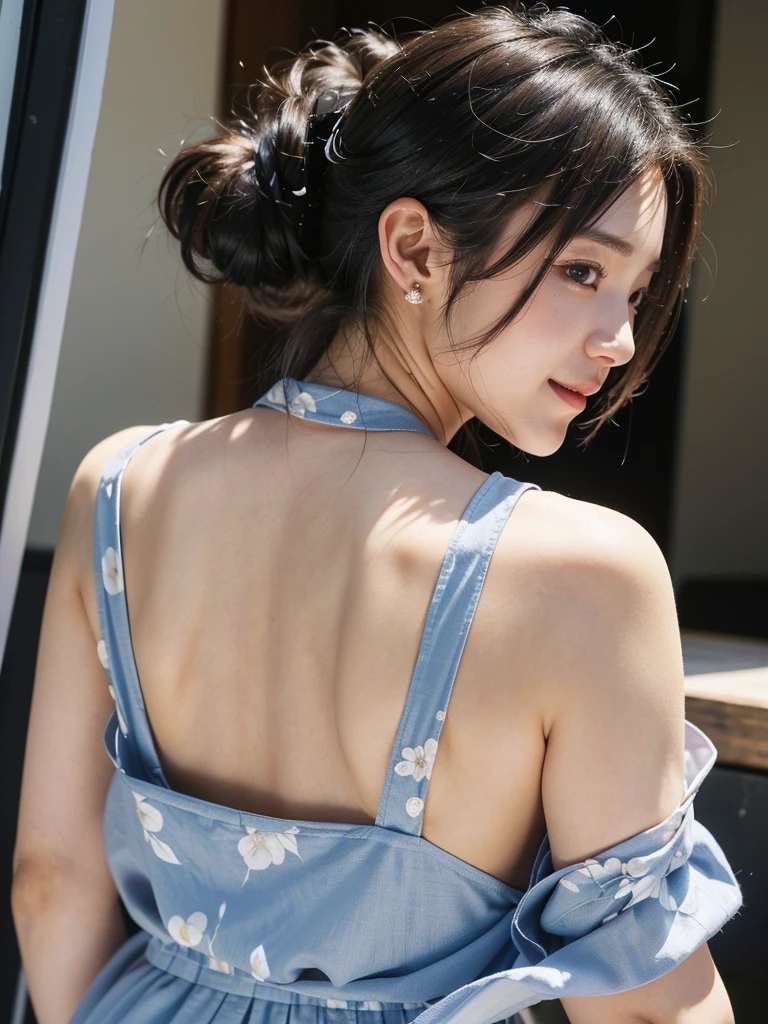 (2 Japanese girl,), (Small breasts:1.5,),(One girl,Textured skin, Detailed skin,Detailed face,Detailed eyes,detailed posing,Natural eyebrows,Perfect limbs,High detail, Highest quality, Super detailed, Surrealism, ,8k,RAW Photos,Photographicism,Professional Lighting,Portrait Photography,),((Black Hair, Dark Eyes,Natural Makeup,Simple earrings,Bob Hair, Wavy Hair,happiness/joy, )),(((Sleeveless yukata,Festivals,Back view)))
