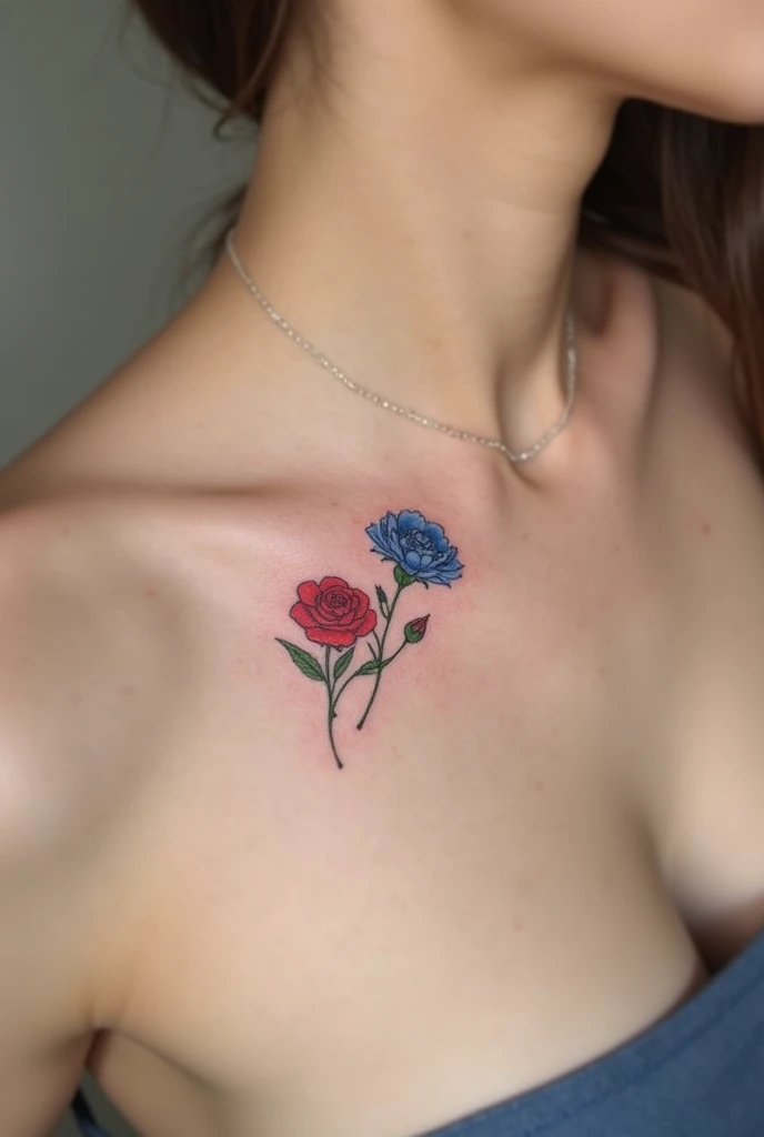 Feminine and minimalist tattoo of a blue carnation and a red rose