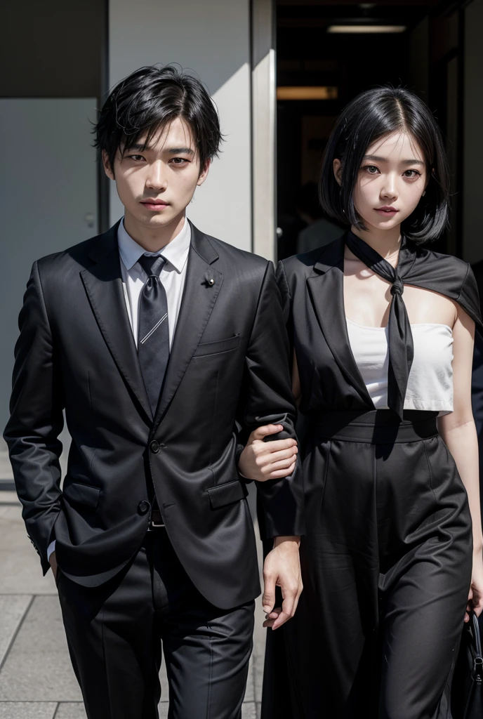 A 2 Japanese woman, with short black hair, and a short black dress. And a 1 Japanese guy with black hair and black eyes too, in a suit 