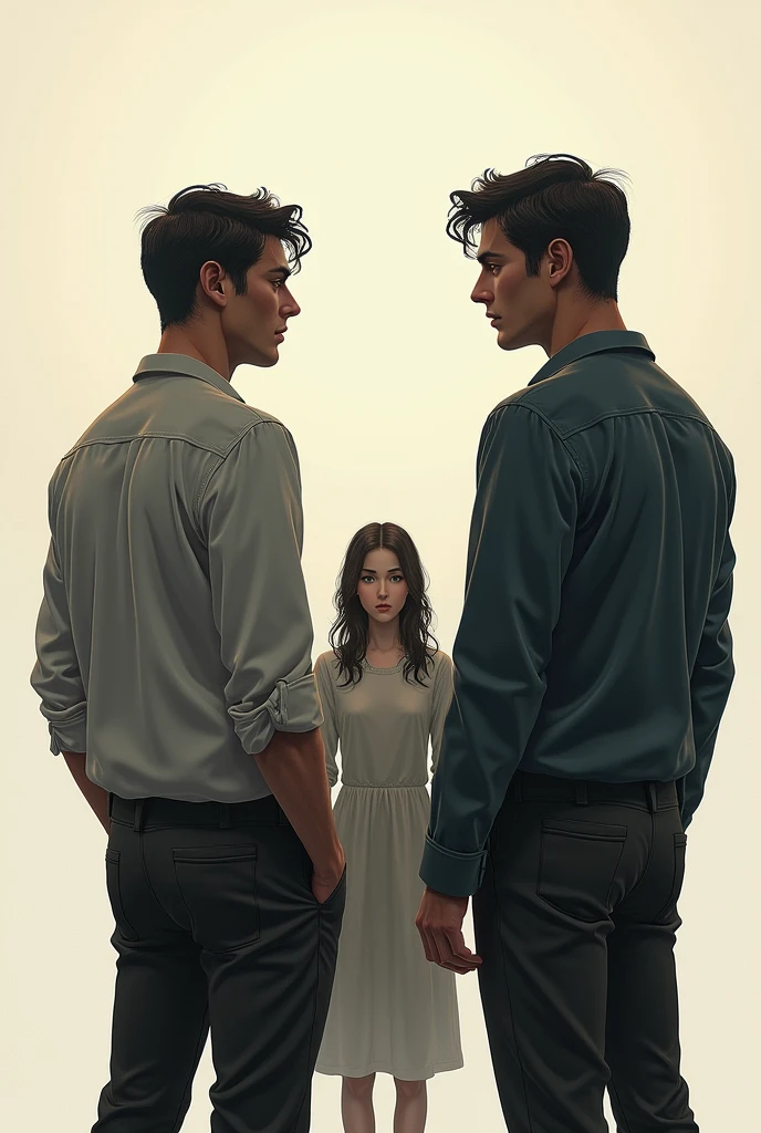 Two men with their backs turned and a woman looking at them semi-realistic Less realistic