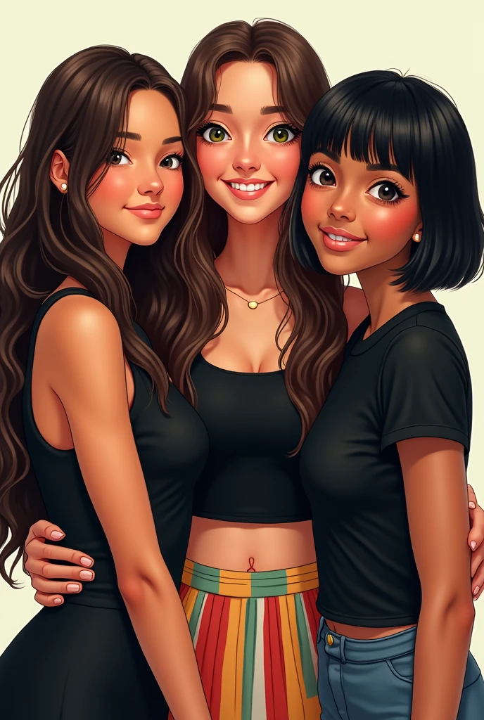 I want an AI image of three girls:
The first girl, left side, has very long dark brown hair that is wavy at the ends, black eye, and it is average, wears a black dress. SHE HAS LIGHT BROWN SKIN. happy expression.
The second girl, middle, has very long straight brown hair and green eyes, is of average height and wears a black crop top with a colorful skirt. happy expression.
The third , right side, has medium straight black hair with bangs, dark eyes and is short. She is Asian and wears a black blouse.. happy expression.i’m