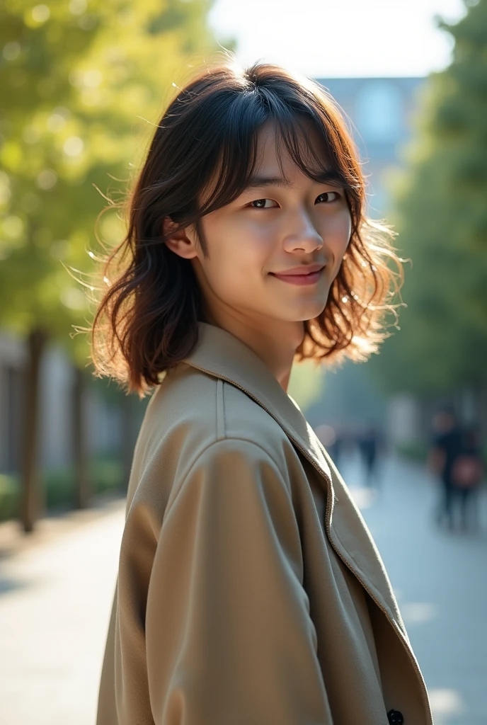 Photorealistic, 8k whole bodyポートレート, Handsome, mens, , Gentle expression,smile,Brown Hair,Fine skin,20-year-old Japanese,University campus,Bangs that reach the eyes,The front hair is down,Looking Back,whole body