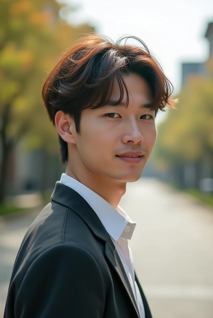 Photorealistic, 8k whole bodyポートレート, Handsome, mens, , Gentle expression,smile,Brown Hair,Fine skin,20-year-old Japanese,University campus,Bangs that reach the eyes,The front hair is down,Looking Back,whole body