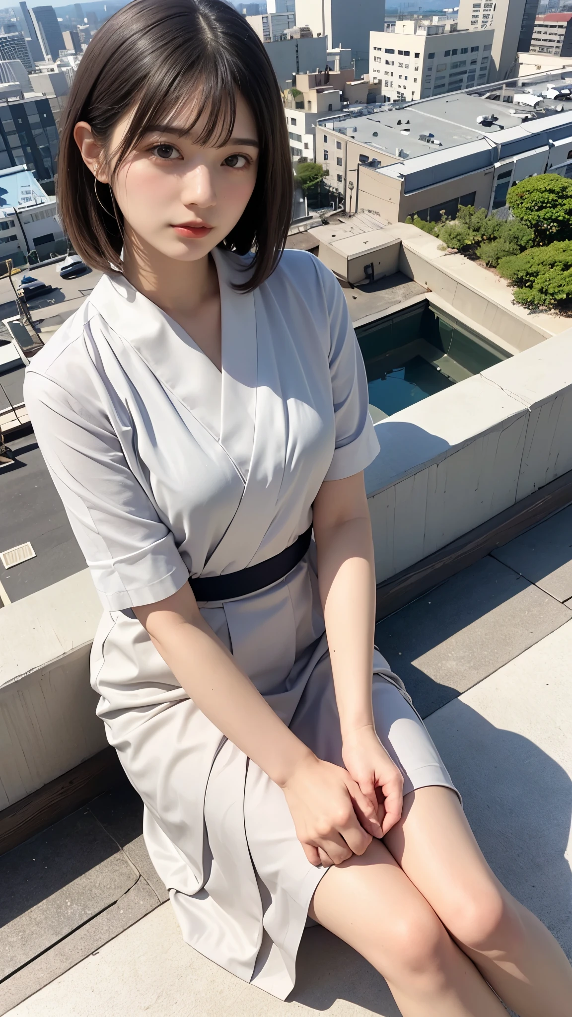 Beautiful Japanese idle, (idle costume:1.3), sitting in rooftop of Tokyo tower,