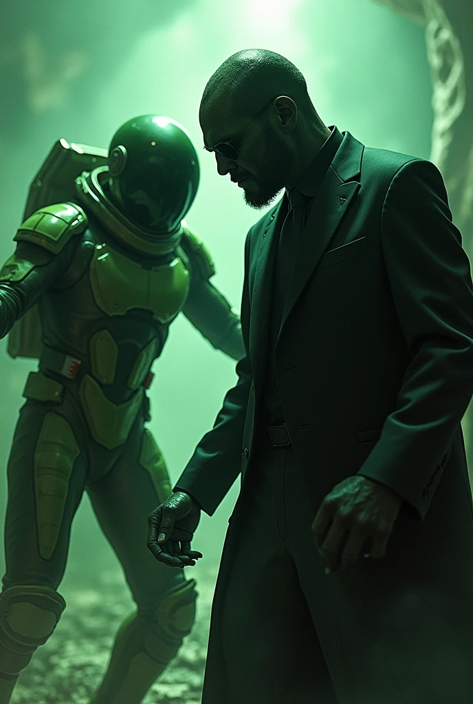 Slanderman with black suit fighting a guy with greenish astronaut outfit