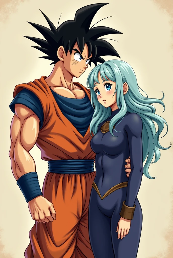 goku,son goku, Bura, right, Dragon Ball GT Bura, girl with light blue hair, blue eyes, dark blue suit, typical armor worn by Saiyans, loose hair, bangs, father and daughter