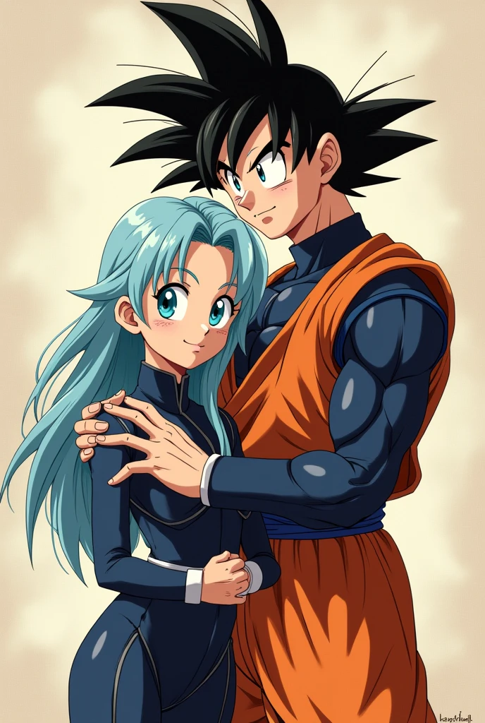 goku,son goku, Bura, right, Dragon Ball GT Bura, girl with light blue hair, blue eyes, dark blue suit, typical armor worn by Saiyans, loose hair, bangs, father and daughter