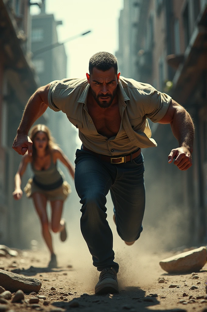 Create an action scene where a guy rescues a girl from danger.