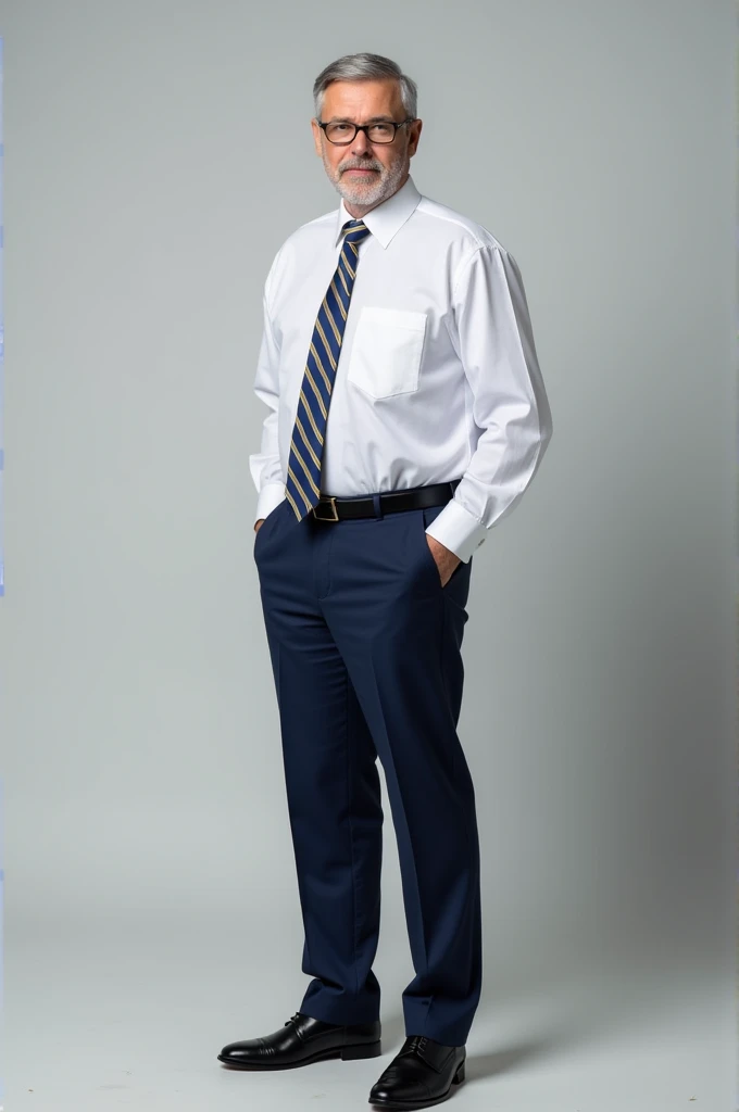 Man dressed in navy blue pants, white shirt, blue and yellow tie and black shoes