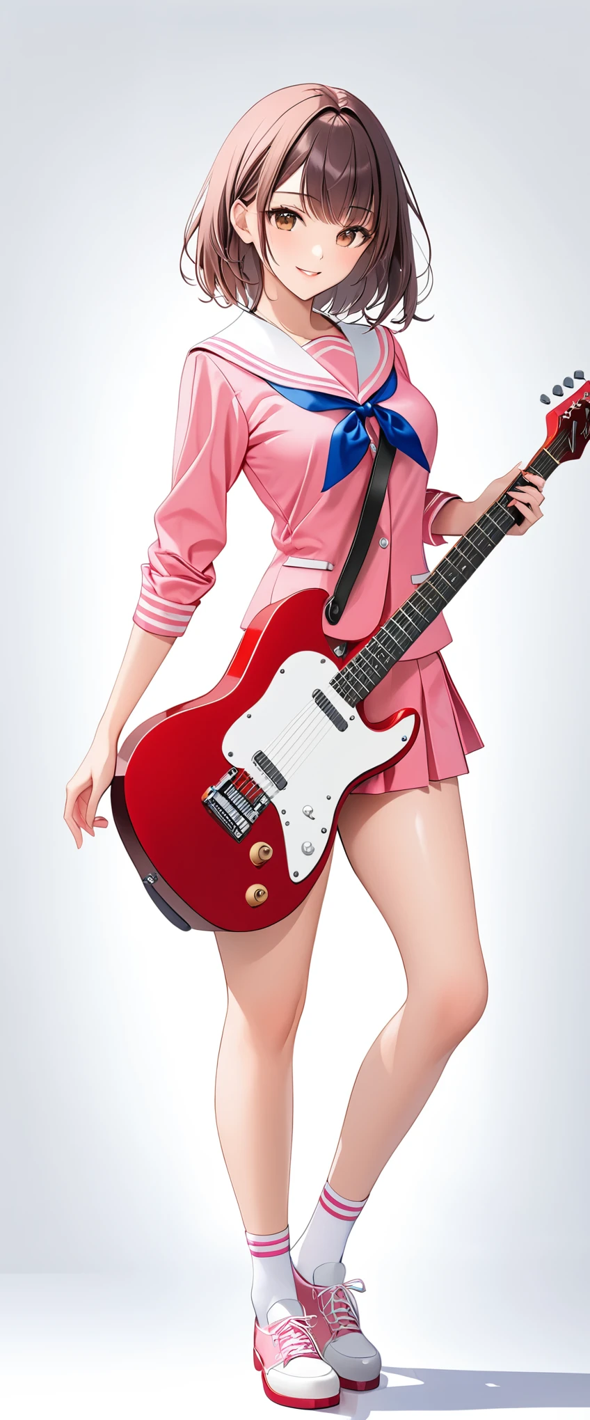(((White background:1.5)))、(((The subject and guitar are in full view:1.5))),(((full body:1.2)))、(((masterpiece、Ultra HD、Highest quality、Masterpiece、8k:1.2)))、Slender body、High school girl playing electric guitar、(Pink Sailor Suit) 、Brown Bob、(((A dynamic pose:1.5)))、Perfect Style、8Head to Body、smile、Are standing、White socks、mini skirt、looks fun
