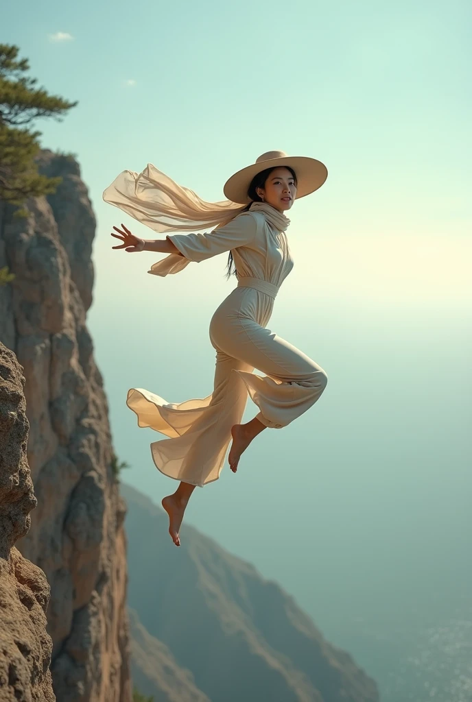 A asian woman with long hijab flowing wearing long cream overall jeans , wearing large hat, jump free fall on the edge of a steep and terrifying cliff, face Smilling looking at the camera