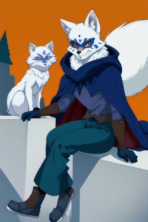 Alopex, arctic fox, furry, blue marks face, tmnt, smile. orange eyes, 1girl, solo, cape, cloak, gloves, robe, pants, best quality, masterpiece, smile, sitting