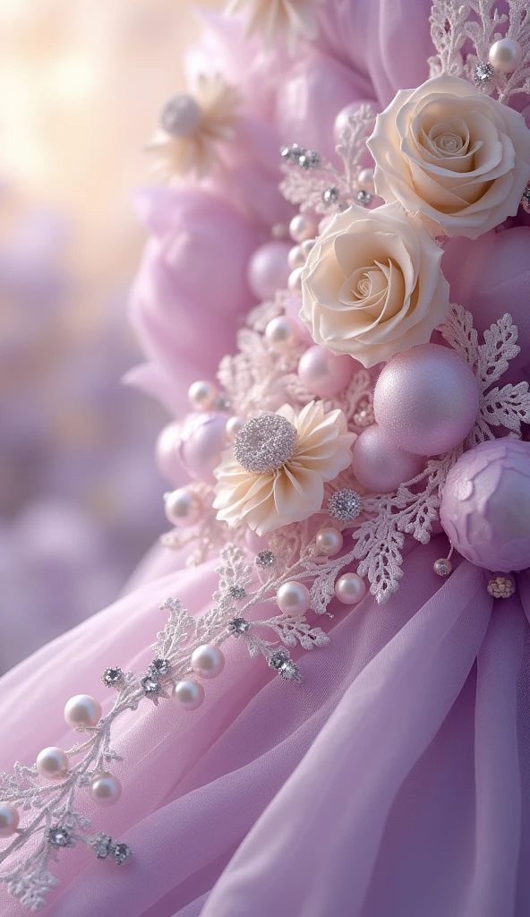 Imagine a luxurious, vintage-inspired design that seamlessly blends the refined elegance of the Victorian era with intricate antique charm. A delicate cloud of lilac, lilac, lilac tulle, purple. The hue serves as a backdrop for a sumptuous arrangement of light lilac, beige and cream hues, carefully embellished with lace filigree, luminous pearls, sparkling diamonds and soft, flowing ribbons. This opulent scene comes to life in exquisite, hyper-realistic detail, as if it were taken from the pages of a vintage fashion magazine. Rendered in stunning 8K resolution, this masterpiece boasts an unparalleled level of depth and clarity, inviting the viewer to step into a world of refined luxury and timeless sophistication.