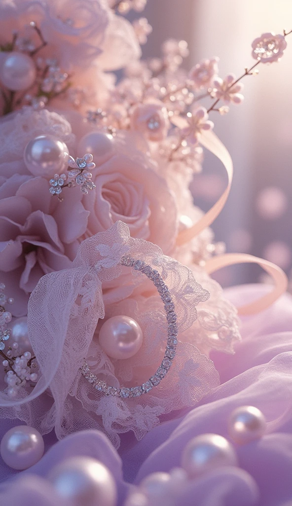 Imagine a luxurious, vintage-inspired design that seamlessly blends the refined elegance of the Victorian era with intricate antique charm. A delicate cloud of lilac, lilac, lilac tulle, purple. The hue serves as a backdrop for a sumptuous arrangement of light lilac, beige and cream hues, carefully embellished with lace filigree, luminous pearls, sparkling diamonds and soft, flowing ribbons. This opulent scene comes to life in exquisite, hyper-realistic detail, as if it were taken from the pages of a vintage fashion magazine. Rendered in stunning 8K resolution, this masterpiece boasts an unparalleled level of depth and clarity, inviting the viewer to step into a world of refined luxury and timeless sophistication.