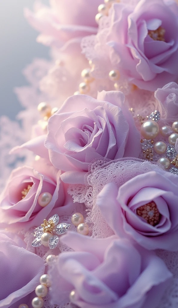 Imagine a luxurious, vintage-inspired design that seamlessly blends the refined elegance of the Victorian era with intricate antique charm. A delicate cloud of lilac, lilac, lilac tulle, purple. The hue serves as a backdrop for a sumptuous arrangement of light lilac, beige and cream hues, carefully embellished with lace filigree, luminous pearls, sparkling diamonds and soft, flowing ribbons. This opulent scene comes to life in exquisite, hyper-realistic detail, as if it were taken from the pages of a vintage fashion magazine. Rendered in stunning 8K resolution, this masterpiece boasts an unparalleled level of depth and clarity, inviting the viewer to step into a world of refined luxury and timeless sophistication.