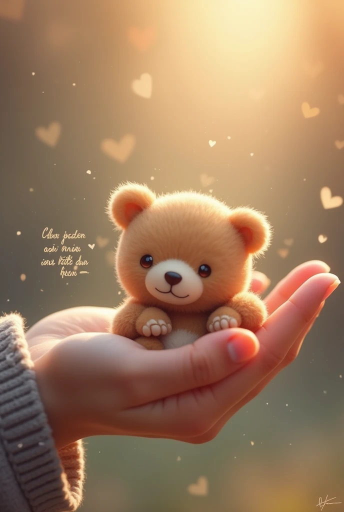 A small bear sits in a person's hand and next to it a sweet saying that fits, In German