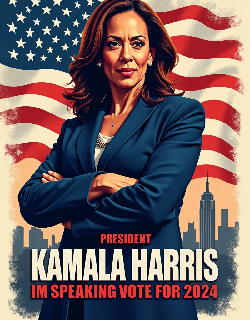 [Core Concept] A powerful and inspirational campaign poster for a President Kamala Harris, I'm Speaking Vote For 2024 
[Character Description] The central figure is a confident, determined Kamala Harris , her gaze direct and unwavering as she projects an air of strength and leadership. 
[Environment/Background] The background is a blend of patriotic imagery, including a waving American flag, symbols of , and a sleek, modern cityscape that suggests progress and innovation. 
[Style and Atmosphere] The overall aesthetic is bold, dynamic, and visually striking, with a color palette of rich reds, whites, and blues that convey a sense of American pride and determination. 
[Composition] The composition is balanced and symmetrical, with the candidate's portrait taking center stage and the campaign slogan prominently displayed in a clean, impactful font. 
[Details and Embellishments] Subtle design elements, such as subtle patterns or geometric shapes, add depth and visual interest to the poster, while the candidate's confident pose and attire suggest her professionalism and gravitas. 
[Technical Specifications] The poster is designed for high-resolution printing, with a clean, modern layout that would be eye-catching and memorable when displayed in public spaces.
