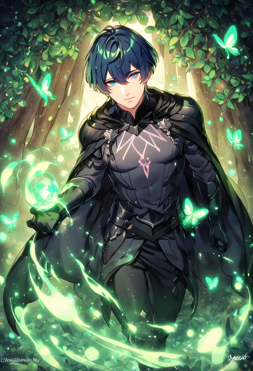 absurdres, highres, ultra detailed, HDR, master piece, best quality, extremely detailed, detailed eyes, Byleth, dark blue hair, expressive blue eyes, Fire Emblem Three Houses, solo, sexy man, sensual, handsome, manly man, adult face, black cape, black clothes, black gloves, black pants, under a green tree, fantasy, magical, glittering fireflies, green butterflies, green flames, magic, green leaves