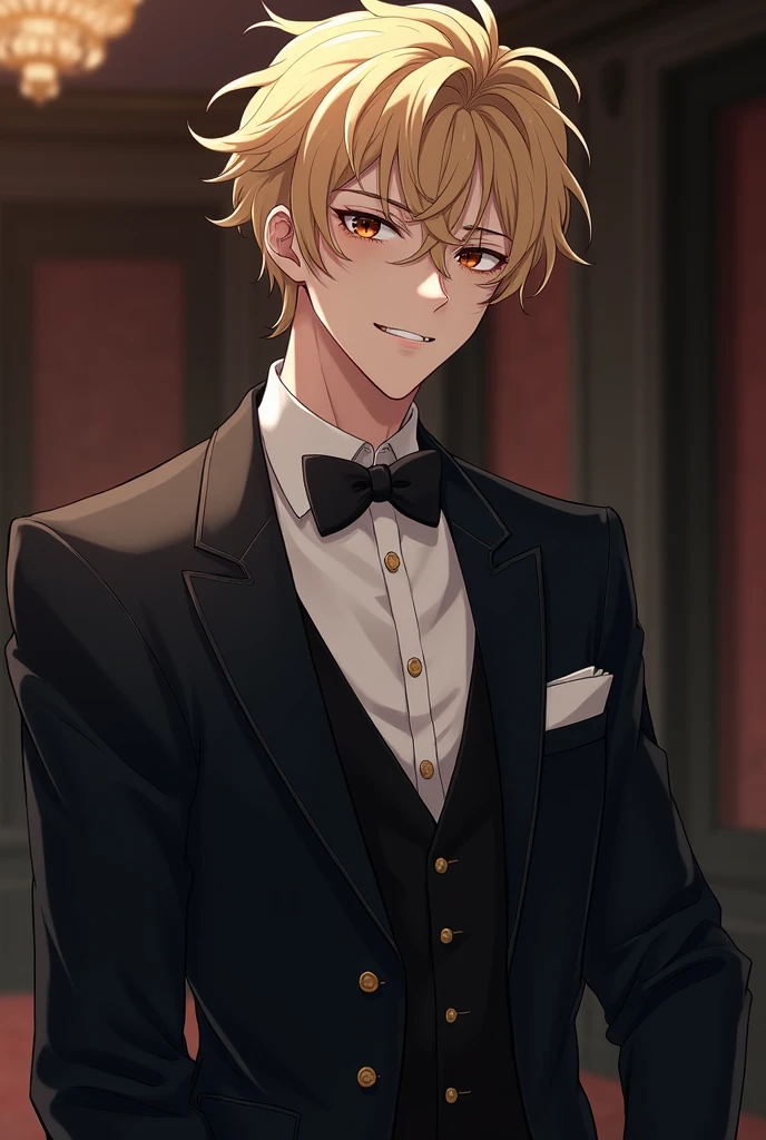 Make me an adult anime man. (Butler outfit.)(Fluffy, messy, blonde hair.), (Brown eyes.),(Freckles), (blushing slightly), (smiling brightly; eyes open.), Ikemen, (Pale with vampire teeth), Dark outfit (One person only) ADULT