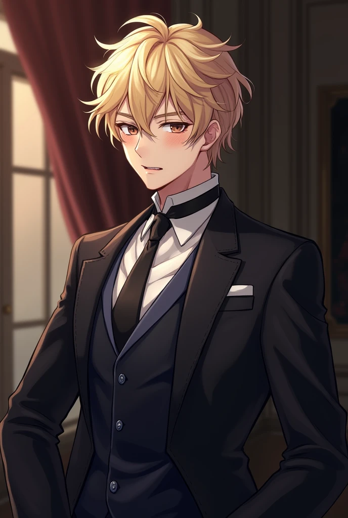 Make me an adult anime man. (Butler outfit.)(Fluffy, messy, blonde hair.), (Brown eyes.),(Freckles), (blushing slightly), (smiling brightly; eyes open.), Ikemen, (Pale with vampire teeth), Dark outfit (One person only) ADULT