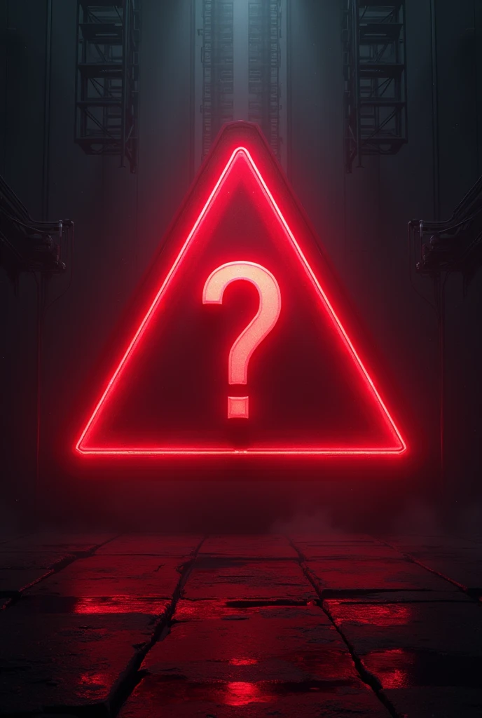 Create a triangle with a bright neon red question mark, warning and denunciation, featuring a sleek and modern design. The triangle with a question mark is centered on a dark cyberpunk background with a subtle gradient, giving the image
