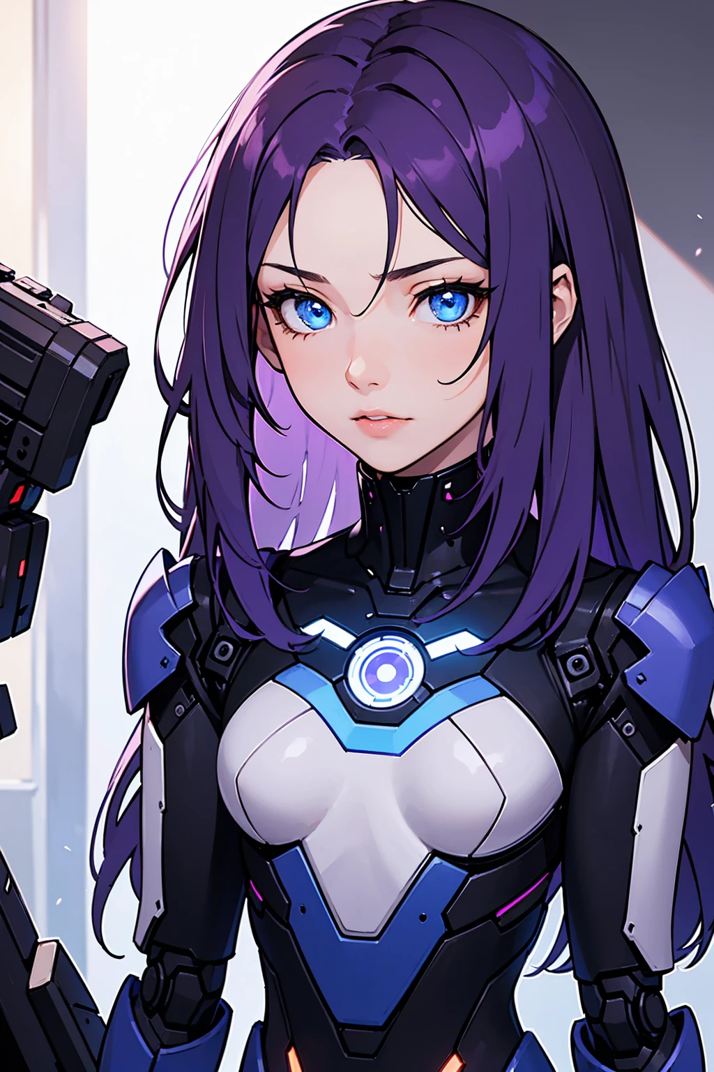 1girl, (masterpiece1.6, perfect face1.6), high quality, long purple hair, glowing blue eyes, robotic face, futuristic, small figure, top half picture, dark lighting, 