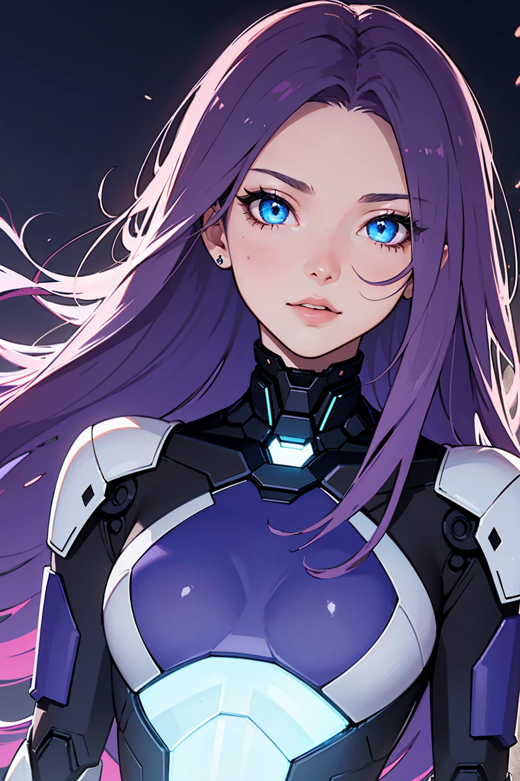 1girl, (masterpiece1.6, perfect face1.6), high quality, long purple hair, glowing blue eyes, robotic face, futuristic, small figure, top half picture, dark lighting, 