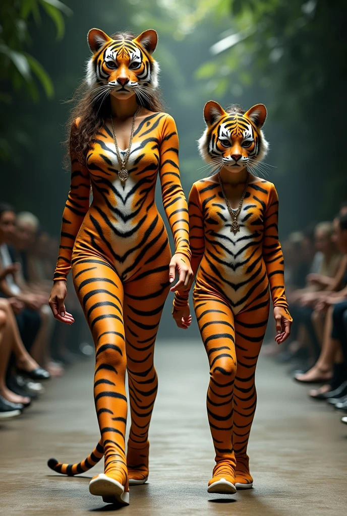 Overloaded with details, mother and daughter dressed as tigers in a real-life fashion show.