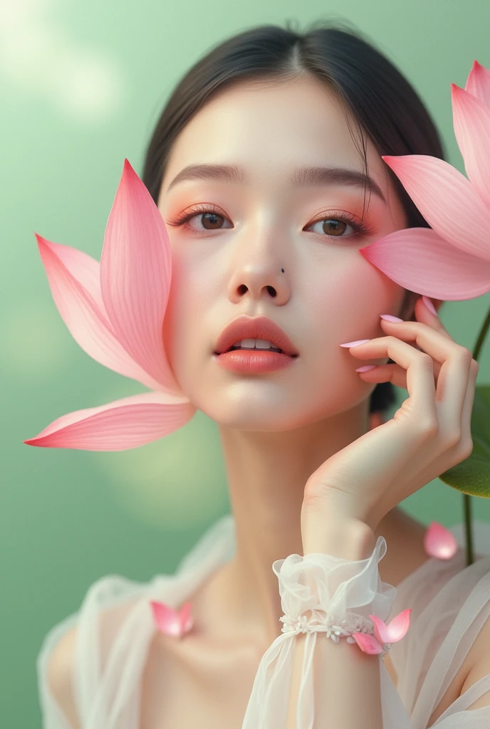 Create a decent looking makeup magazine cover, and that has the elegant aesthetics of a lotus flower with the name lotus glow with pastel pink and pastel green in addition to dark moss green, very very elegant