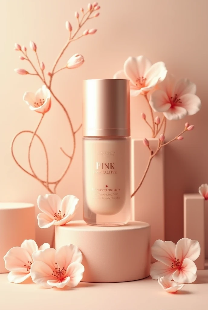 Create a foundation with elegant, floral packaging and colors that are beige and rosewood, that the shape is cylindrical so the product can be seen, and that the name of the product is pink petal.