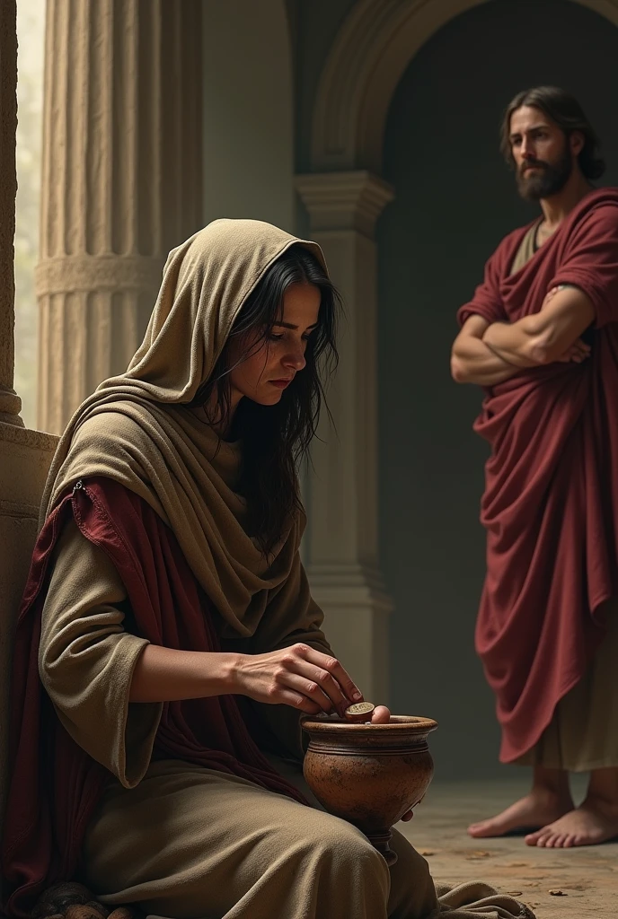 A poor woman, In the temple,, sobbing, kneeling, inserting a coin into the vase. next to window, Jesus observed the woman, with arms crossed.