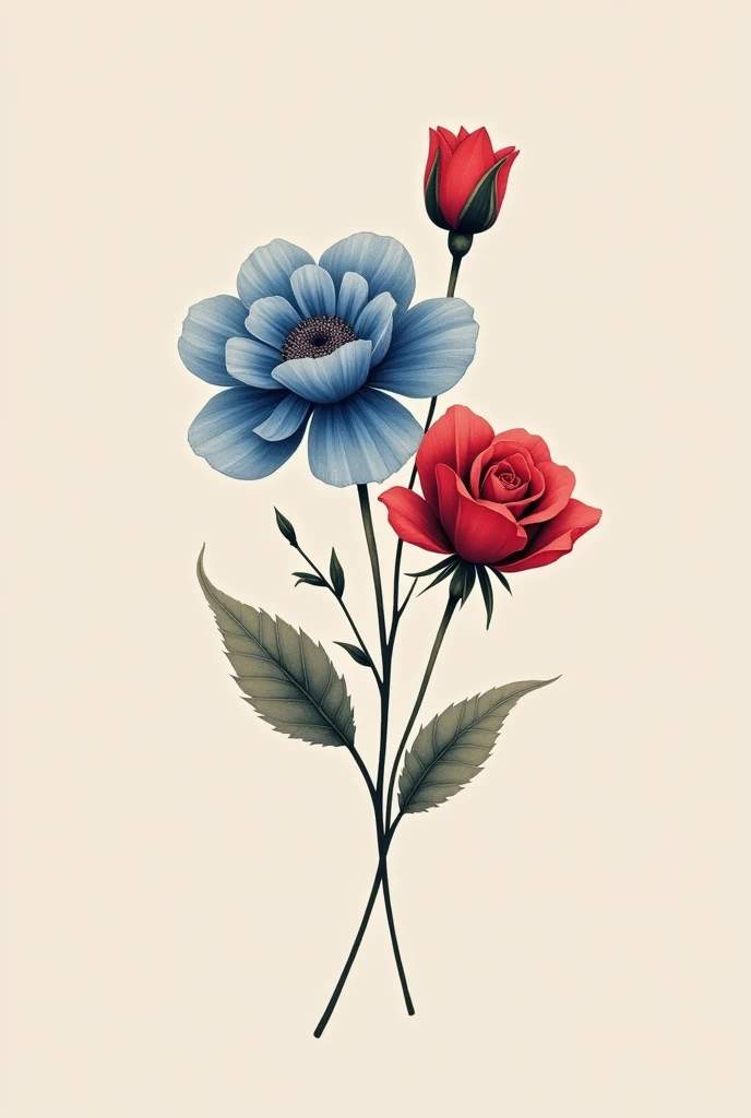 Feminine and minimalist tattoo of a blue carnation and a red rose in the form of a bouquet.