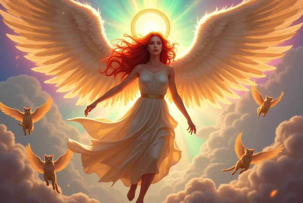 (masterpiece, best quality, highly detailed, digital illustration of high fantasy art:1.3), high fantasy, Very beautiful woman angel midflight flying towards viewer, face and upper body closeup, Angel Halo, bright red hair, whole body, modern magic the gathering art, radiant Color, clouds, (magic the gathering angels art style:1.4), Beautiful line drawing, Impressive visuals, commanding an army of (flying cats with angel wings:1.8) gliding down from the heavens, heaven's rays of light radiating prism colours, dynamic pose. glowing radiant face. vibrant rainbow sky.