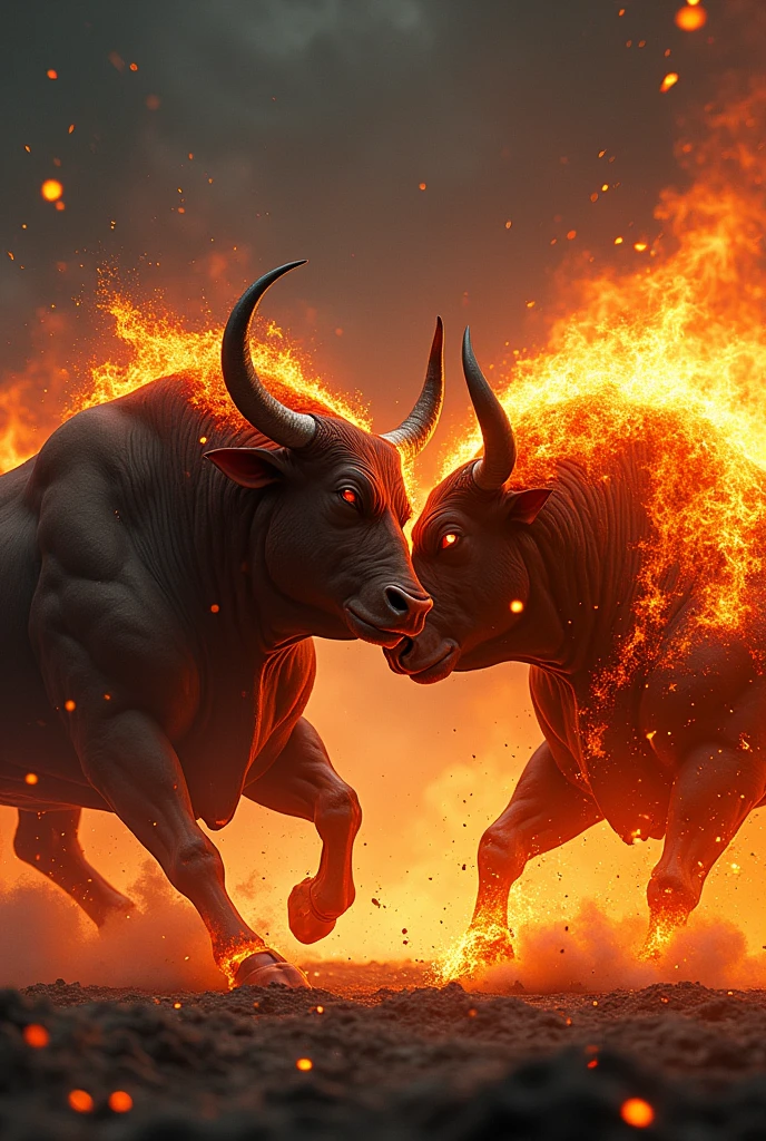 Bulls on fire colliding