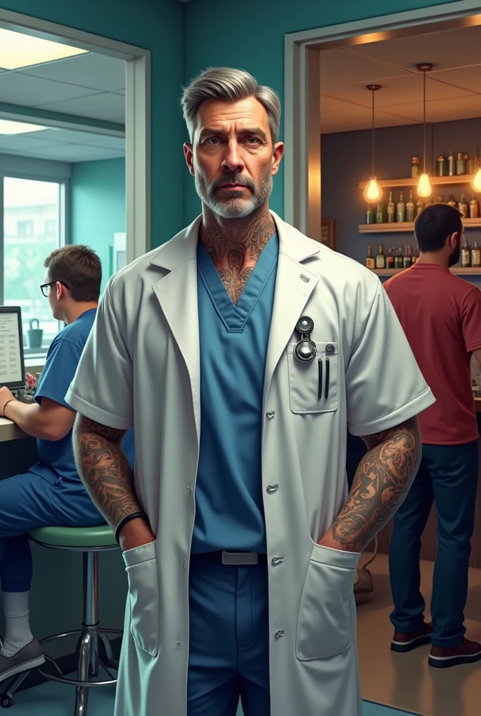 Create 3 images, one of a doctor working. Another one of the same one but all tattooed in a bar and finally of him enjoying himself with his family but they look like different people