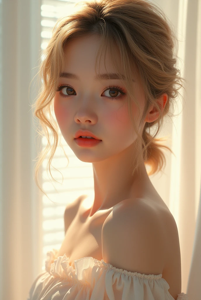 (RAW Photos, Highest quality),(Realistic, photo-Realistic:1.3), Metersasterpiece, Very delicate and beautiful, Very detailed, CG, Unity , 2k wallpaper, wonderful, In detail, A light sMetersile, Very detailed CG Unity 8k wallpaper, Large file size, Very detailed, High resolution, Absurd, Soft Light, ponytail, Short bangs, blonde, Floating Hair NovaFrogStyle, Beautiful details, Detailed fingers, Very detailed eyes and face, Beautiful and sophisticated nose, Beautiful attention to detail, Long eyelashes, Light on the face, View your viewers, Mouth closed, One person, cute, young, Mature Face, whole body, SMetersall breasts, Realistic face, Realistic body, Beautiful thigh detail, Urzan-6500-v1.1, roller:Like a Korean doll_3pm.Meters., CostuMeterses : Crop top, Aqua Eye、Wearing a white T-shirt