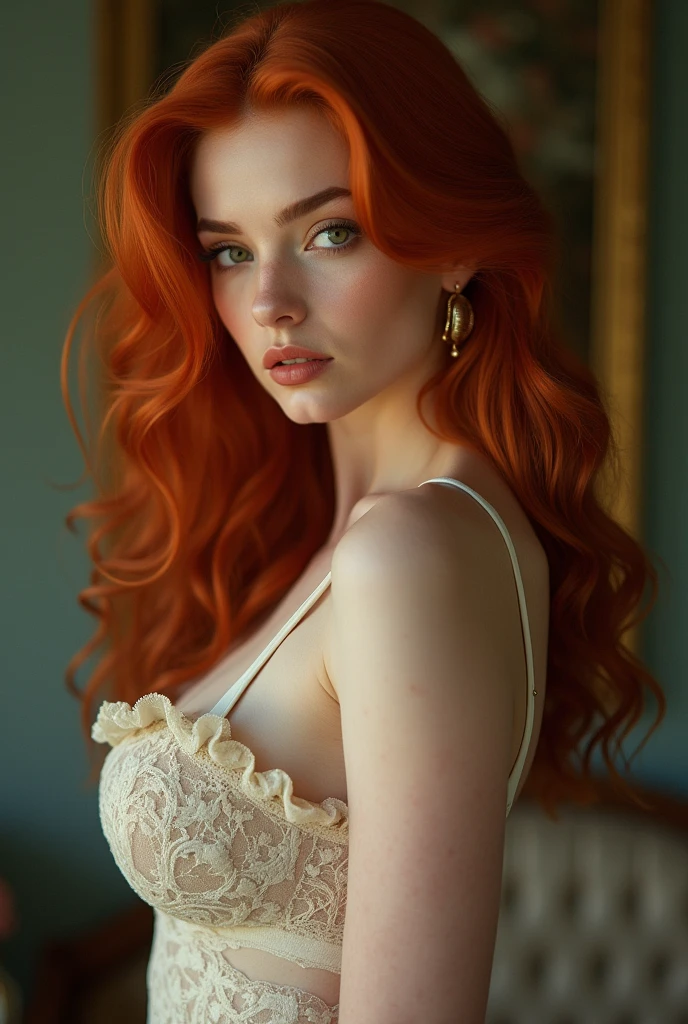 A curvy redheaded age girl with full lips, pale skin, a button nose, green eyes, a strong jaw, high cheekbones, and a round chin, wide hips, narrow waist, large bust.

