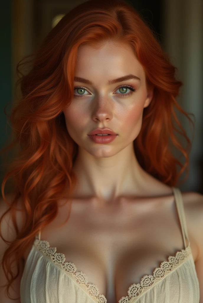 A curvy redheaded teenage girl with full lips, pale skin, a button nose, green eyes, a strong jaw, high cheekbones, and a round chin, wide hips, narrow waist, large bust.
