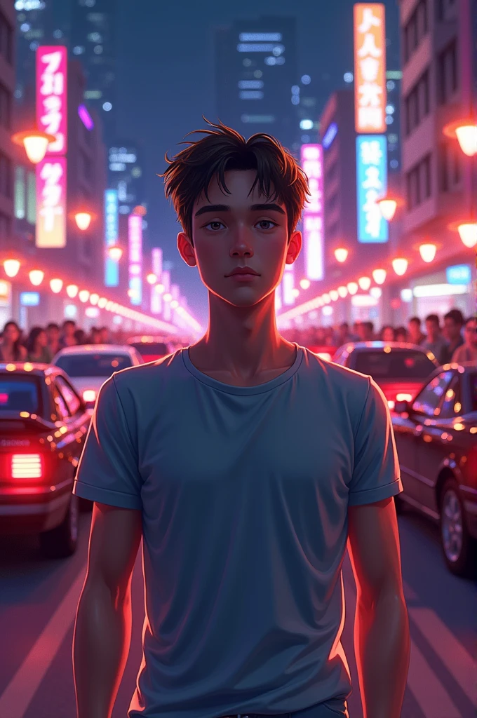 youth, Handsome, Shirts, T-shirt, go out, crowded, many girls chasing, Cars, many lights,