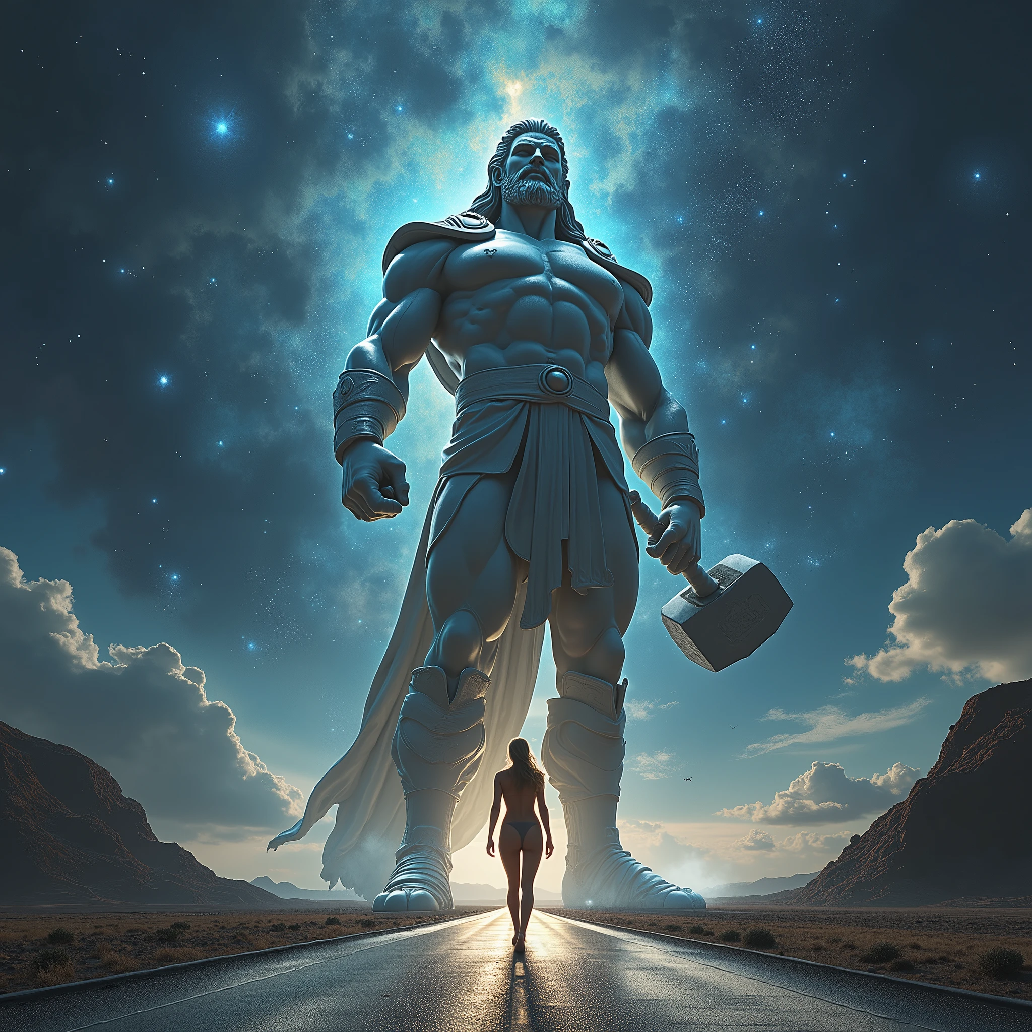 ((work of art)),(best qualityer)),greek style,in the universe,A huge statue of the god Thor stands in space,Look to the camera,Thor standing,Thor holding the hammer in his right hand, glimmering,glow effect,fully naked blonde woman with big ass on the road,Hyper-Realism,hyperphotorealism,real photography,8k,High definition,high qualiy,work of art,very well, (((offwhite))),Discoloration,blurring,inking,8k,very well,high qualiy,(((oc renderer)))