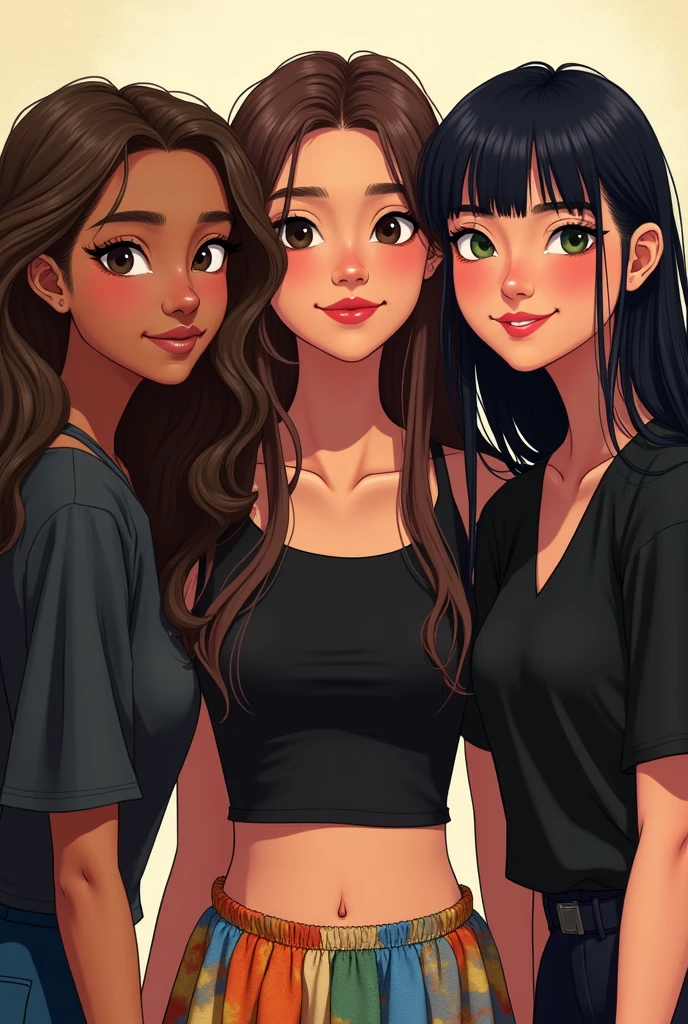 I want an AI image of three girls:

The first girl, left side, has very long dark brown hair that is wavy at the ends, black eye, and it is average, wears a black dress. SHE HAS LIGHT BROWN SKIN. happy expression.

The second girl, middle, has very long straight brown hair and green eyes, is of average height and wears a black crop top with a colorful skirt. happy expression.

The third , right side, has medium straight black hair with bangs, dark eyes and is short. She is Asian and wears a black blouse.. happy expression.i’m 