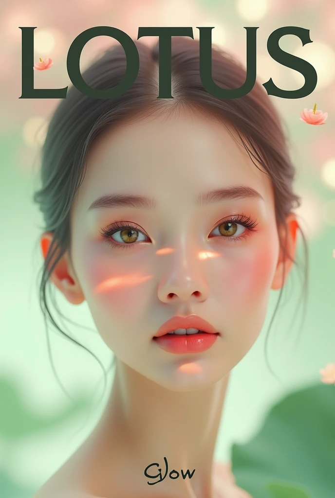 Create a decent looking makeup magazine cover, and that has the elegant aesthetics of a lotus flower with the name lotus glow with pastel pink and pastel green in addition to dark moss green, very very elegant