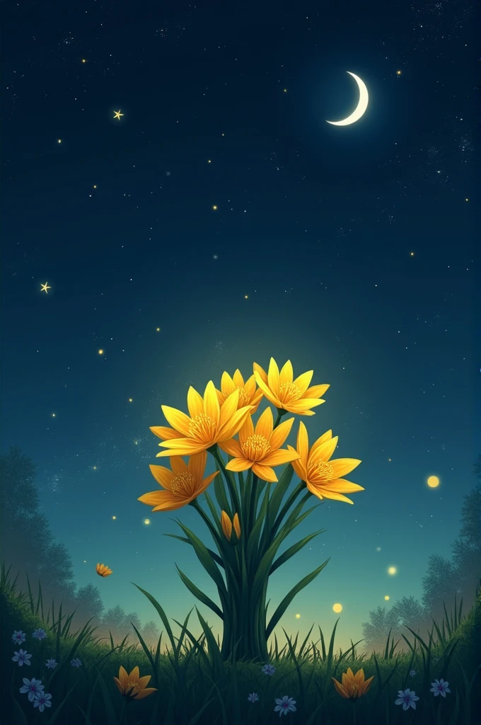 Dark night starry sky with a moon with a bouquet of yellow flowers