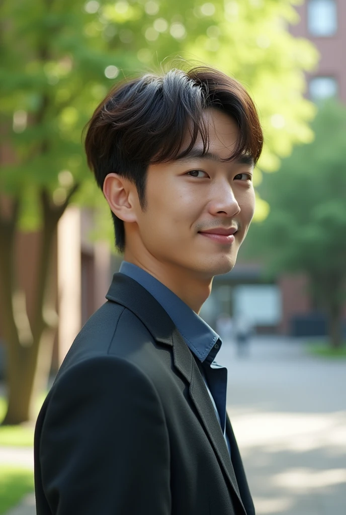 Photorealistic, 8k whole bodyポートレート, Handsome, mens, Gentle expression,smile,Brown Hair,Fine skin,20-year-old Japanese,University campus,Bangs that reach the eyes,The front hair is down,Short-haired man,Looking Back,whole body