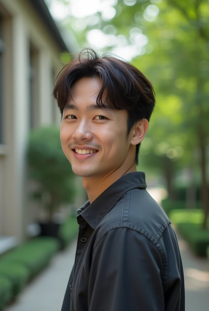 Photorealistic, 8k whole bodyポートレート, Handsome, mens, Gentle expression,smile,Brown Hair,Fine skin,20-year-old Japanese,University campus,Bangs that reach the eyes,The front hair is down,Short-haired man,Looking Back,whole body