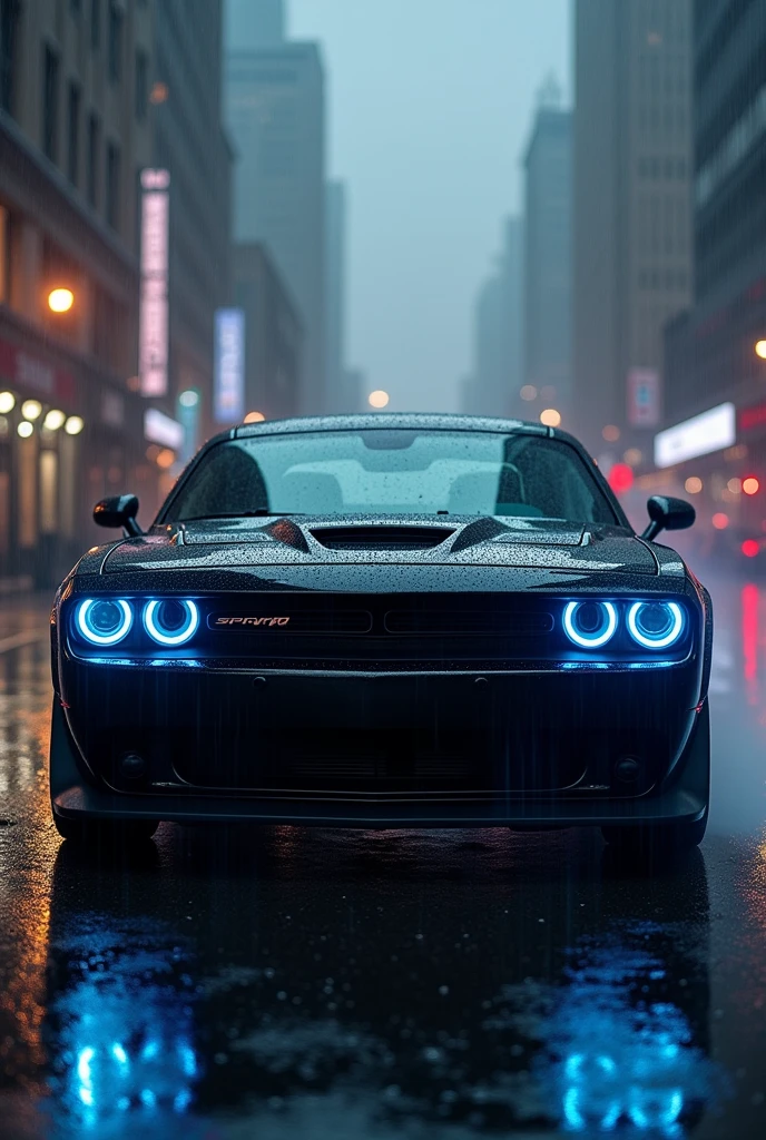 Dodge Challenger preto com farol redondo azul, in the rain blurred images in the background High resolution and shows the whole car